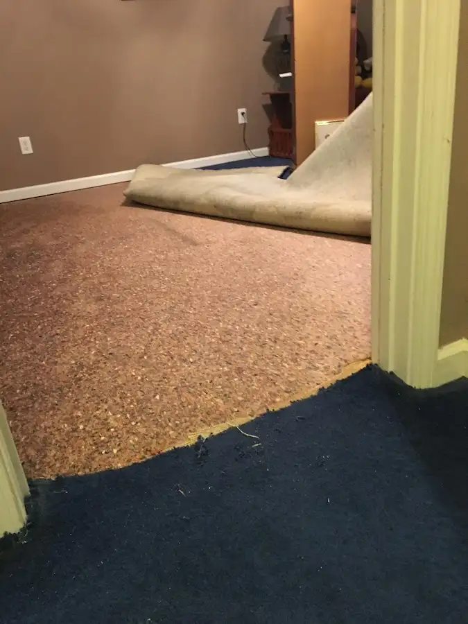 Carpet pad removal revealing water damage during Water Mitigation Services in Bryan